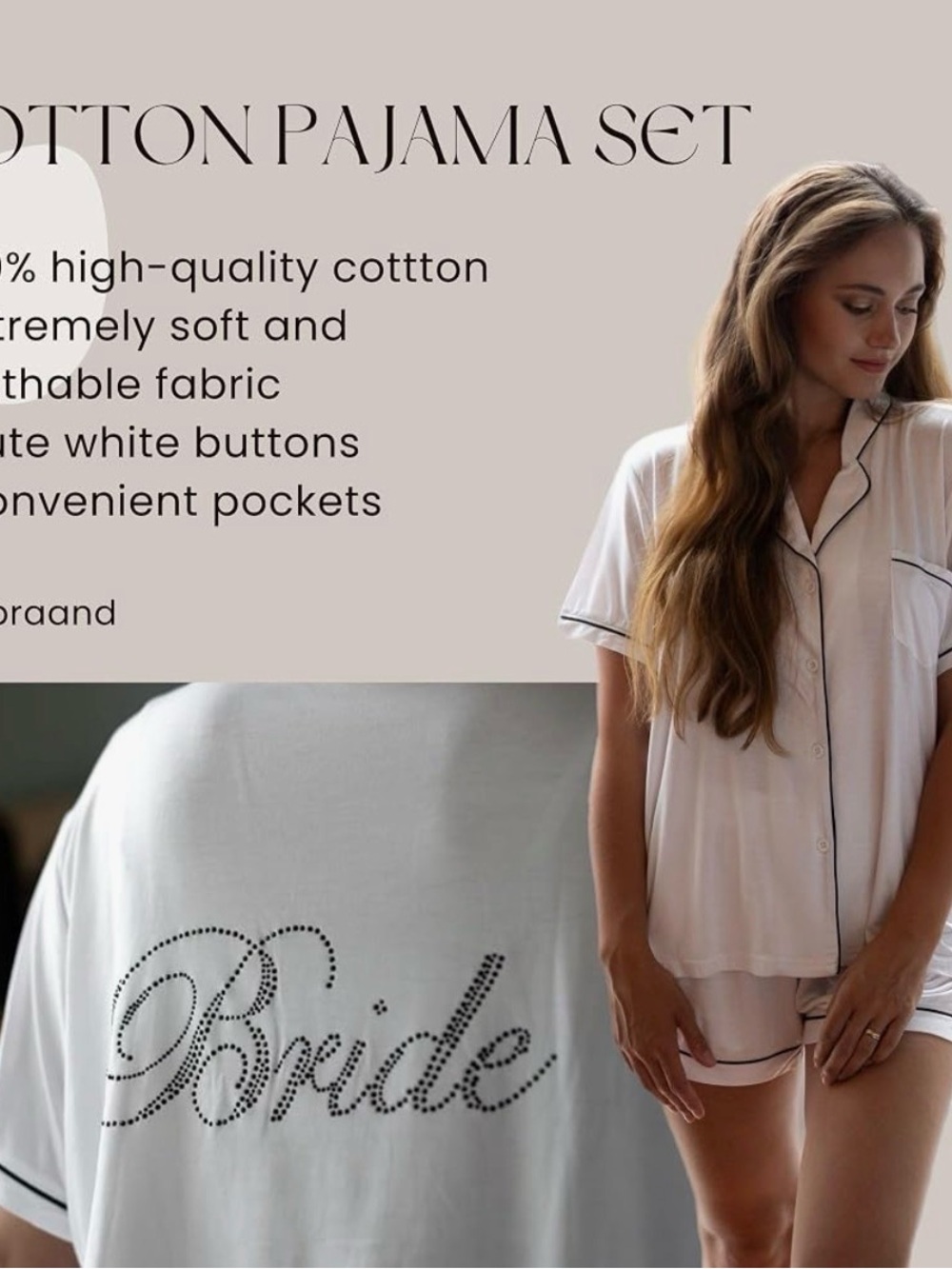 Bride White Short Pajama Set with Rhinestone Script - Picture 2 of 15